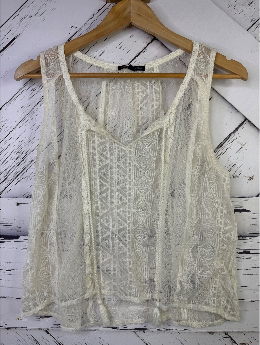 American Eagle Cream Boho Lace Tank Top Geometric Sheer Festival Women Small